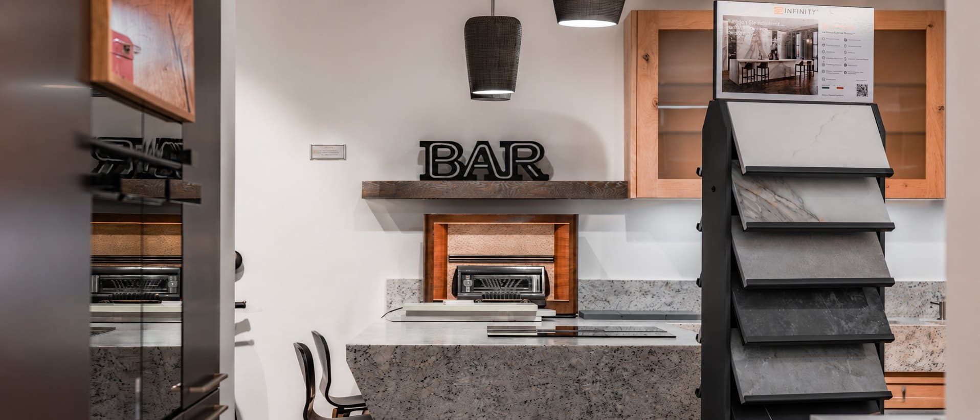 Materials and worktops on display in the Teutschmann showroom in Nyon